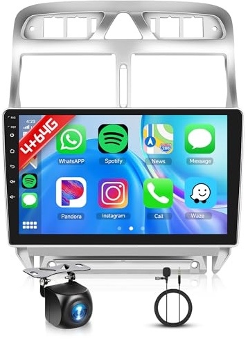 4G+64G Autoradio pour Peugeot 307/307CC/307SW 2002-2013 9 Pouces Android Radio avec Carplay Sans Fil Android Auto Mirror Link GPS Navi Bluetooth WiFi/FM/RDS/EQ/SWC/USB Commandes au Volant Caméra Recul