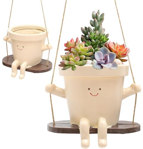 Yuragim Maceta colgante con cara oscilante, macetas colgantes cabeza beige swing cara maceta con orificio de drenaje, macetas de resina para plantas suculentas flores y plantas interiores exteriores