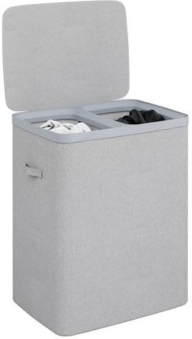 Gr8 Home Large Rectangular Grey Double Laundry Hamper Washing Basket With 2 Compartment Separation Liner Bags Removable Clothes Storage Bin Organiser Box Truck Chest With Lid