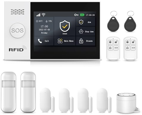 XNH GSM + WLAN Alarmanlage Haus mit 4.3'' Touch Screen, Smart Komplettsysteme mit APP, Sicherheit, Einbrecher System für Haus, 12 Stück - Tür- und Fenstersensoren, Bewegungsmeldern, Fernbedienungen