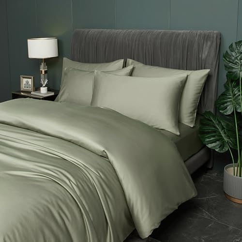 DXHOME Bambus Bettwäsche 135x200cm 4teilig Salbeigrün Grün Uni Glatt Sommerbettwäsche Bambusfaser Deckenbezug Luxus Lyocell Kühlende Bettbezüge mit Reißverschluss und 2 Kissenbezüge 80×80cm