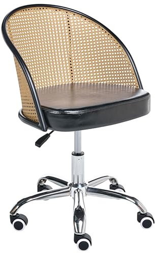 Beliani Retro Office Chair Faux Leather PE Rattan Viennese Braid Backrest Swivel Adjustable Black Baltimore