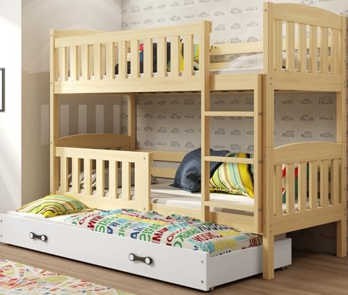 Interbeds Etagenbett 200x90 cm für 3 Kinder Stockbett Hochbett Holzbett Kiefernholz Kinderbett zusätzlicher Schlafplatz in der Schublade Jugenbett mit Lattenrost und Rausfallschutz (Naturton, 200x90)