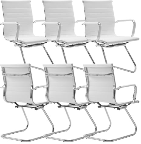 chairus Freischwinger Stühle 6er Set PU-Leder Konferenzstuhl Weiß | Besucherstuhl Ergonomischer mit Armlehnen, Moderner Schwingstuhl mit Chromgestell, Bürostühle Konferenz-Raum/Wartezimmer/Büro