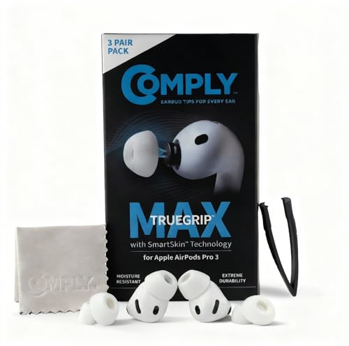 Comply TrueGrip MAX Premium Memory Foam Replacement Ear Tips | For Apple AirPods Pro Gen 3, Long Lasting Comfort, Superior Noise Isolation, White Medium (3 Pairs)