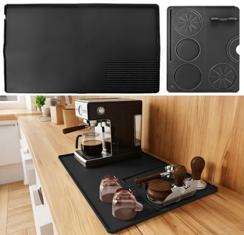 ZXBBTZ 2-in-1 Kaffeemaschine Unterlage Set Kompatibel mit Ninja Luxe Cafe Pro 60x40cm Silikonmatte Kaffeemaschine mit 25x20cm Siebträger Matte Hitzebeständige Kaffeematte Schwarz rutschfest