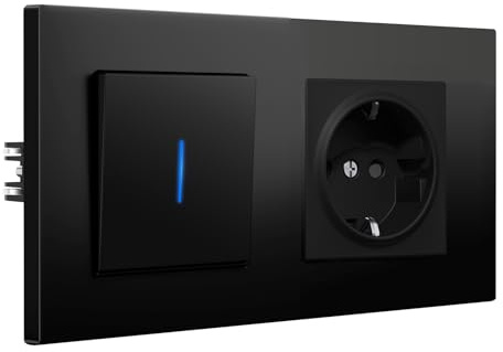 BSEED Lichtschalter mit Steckdose, 1 Fach 1 Weg Schalter Unterputz mit Krallen, Modern Wandschalter mit LED Kontrollleuchte, Matt PC Rahmen, 157 * 86mm, Schwarz