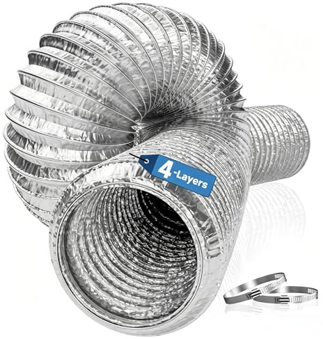 Hon&Guan Alurohr Abluftschlauch 100mm X 5m, Flexibel 4 Lagig Verdickt Universal Trockner Schlauch, Alu Flexrohr mit 2 Schlauchschelle Edelstahl für Dunstabzugshaube, Bad, Klimagerät, Lüftung, Silber