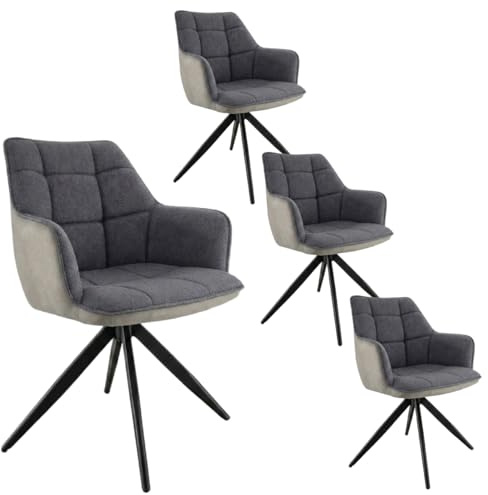 Liadomo Esszimmerstuhl London 4er Set, Textilbezug grau | Armlehnstuhl, Polsterstuhl, 360° drehbar, Metallbeine schwarz, Kassettensteppung, ergonomisch, bequem gepolstert