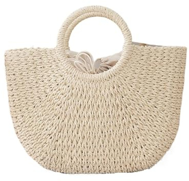 Générique Sac de paille demi-lune d'été for femmes, sac à main Portable, panier plage grande capacité, fourre-tout tissé poignée supérieure(Beige big)