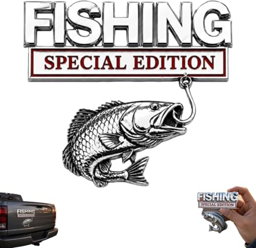 Fishing Special Edition Premium 3D Metal Vehicle Emblem Badge,Metal Fish Car Emblem, Wetterfester 3D-Chrom Auto-Emblem Auto Aufkleber mit Angelhaken-Design für LKW, SUV, Boot & Anhänger (1 STK)