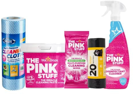 Pink Stuff 5-Piece Cleaning Bundle Paste Wipes Disinfectant & Bin Bags | Paste 850g Wipes 72s Disinfectant 850ml Dlux Cloths 40 Bin Bags 80L x20
