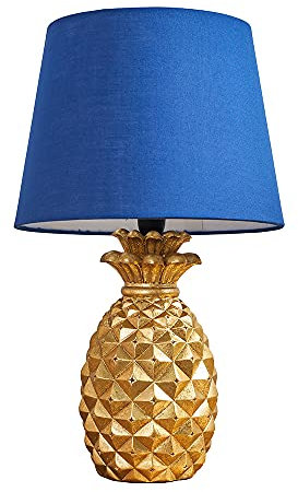 MiniSun | Contemporary Pineapple Design Table Lamp in a Gold Effect Finish with a Navy Blue Tapered Shade - Complete with a 4w LED Golfball Bulb | Table Lamps & Home Improvements Essential