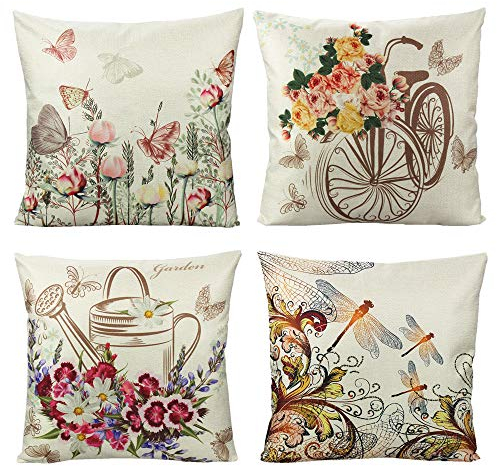 Frühling Outdoor Schmetterling Blumen Kissenbezug Patio Garten Sommer Flora Libelle Fahrrad Kissenhülle Möbel Dekorativ Kissen Home Dekor für Wohnzimmer Terrasse Büro Auto Couch 4er-Set,45x45 cm