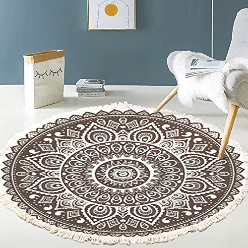 Vintage Boho Baumwolle Teppiche Mandala Muster Waschbar Handgewebte Böhmische Runder Teppich mit Quasten für Schlafzimmer Flur Wohnzimmer Couchtisch Fußmatten,Waschmaschinenfest,80CM Blumen #19