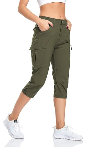 GymBrave Pantalon de randonnée pour femmes - Pour l'extérieur, marche, longueur 3/4 - Léger, séchage rapide, résistant à l'eau - Pantalon de randonnée avec poches zippées, vert militaire, M