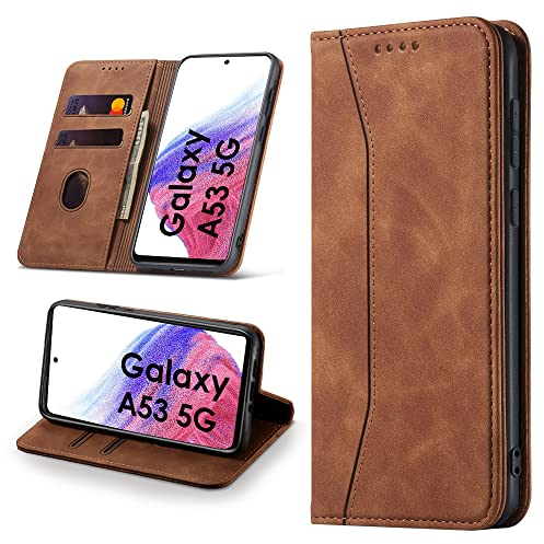 Leaisan Handyhülle für Samsung Galaxy A53 5G Hülle Premium Leder Flip Klappbare Stoßfeste Magnetische [Standfunktion] [Kartenfächern] Schutzhülle für Samsung A53 5G Tasche - Braun