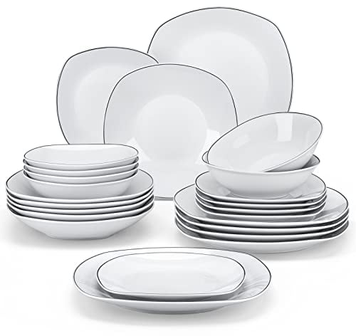 MALACASA Vajillas Completas Modernas Porcelana, 24 Piezas para 6 Personas con 6 Platos Llanos, 6 Platos de Postre, 6 Cuencos y 6 Platos Hondos, Blanco con Borde Negro, Serie ELISA