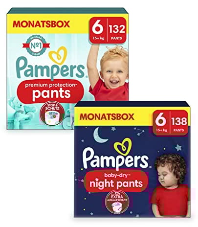 Pampers Night Windeln Pants Größe 6 (15kg+, 138 Stück) Baby-Dry und Windeln Pants Größe 6 (15kg+, 132 Stück) Premium Protection, Maxi mit Stop- und Schutz Täschchen, MONATSBOX