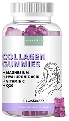 Gommes au Collagène Marin Hydrolysé avec Magnésium + Acide Hyaluronique + Coenzyme Q10 + Vitamine C - Pour la Peau, Cheveux, Articulations et Os - Collagen Gummies - 60 Unités