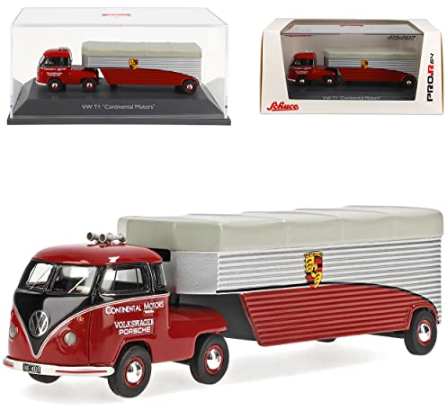 Volkwagen T1 Transporter Continental Motors Rot Porsche Transporter Rennwagen Samba Bully Bus 1950-1967 mit Sockel und Vitrine 1/64 Schuco Modell Auto mit ind..