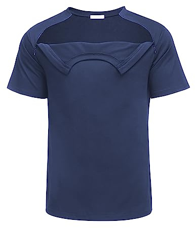 Deyeek Unisex Chemo Port Shirts Post Schulter Chirurgie Erholung Shirts Tear Away Side Reißverschlüsse Off Voll Offene Chemo Kleidung, Marineblau, XL