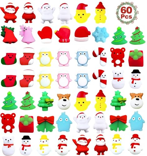 LATERN 60 Stück Weihnachts Mochi Squishy Spielzeug, 30 Stile Weihnachten Mini Kawaii Moji Weihnachtsmann Schneemann Glocken Baum Squeeze Soft Fidget Toys für Schenfüller Partygeschenke (3,5cm x 4,5cm)