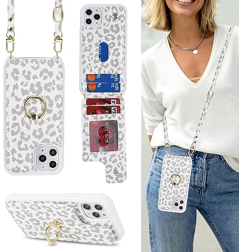 Ｈａｖａｙａ Coque iPhone 11 Pro avec Cordon RFID Porte Carte Portefeuille Étui iPhone 11 Pro avec Cordon Anneau Telephone Portable Réglable Collier Housse Etui pour Femmes - Imprimé léopard Blanc