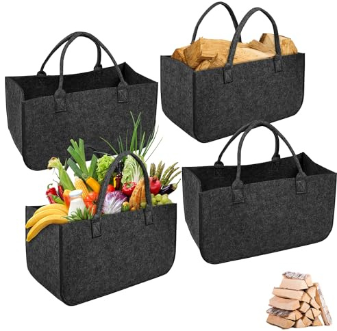 CEEDIR 4 Stück Filztasche Einkaufskorb Verdickte 5mm Kaminholztasche mit Tragegriffen Filztaschen Einkaufstasche Filz Tasche Kaminholzkorb Filz für Kaminholz, Zeitungen, Holz 50x25x25 cm (Dunkelgrau)