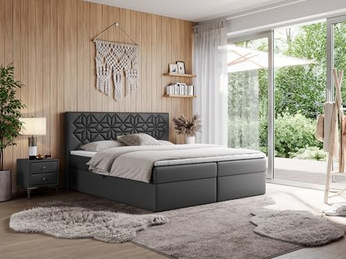 MKS MEBLE Boxspringbett 160x200 mit Matratze H4 und Bettkasten, Doppelbett Bett mit Stauraum und Topper, Polsterbett 160x200 mit Kopfteil - Leila - Dunkelgrau Kunstleder - H4