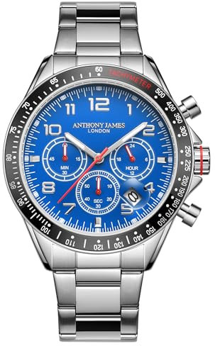 Anthony James Tachymeter Chrono-Armbanduhren für Herren – Rückseite aus Stahl, Analog, Armband aus Edelstahl, handmontiert, Wasser- und Kratzfeste Herrenuhr – (Stahlblau)
