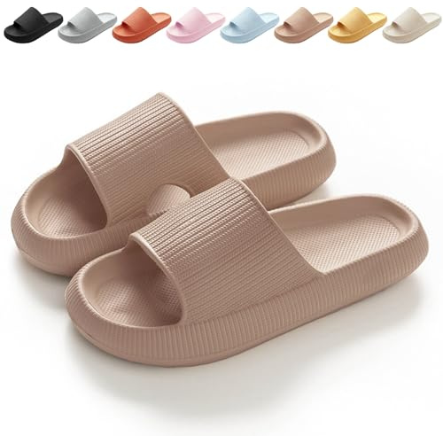 BHFRGAS Sliders Cloud Slippers Women Men,Non-Slip Mens Womens Slippers Cloud Sliders,Soft Flip Flops with Thick Sole for Shower Bathroom Pool Beach,Khaki, 8-9 UK