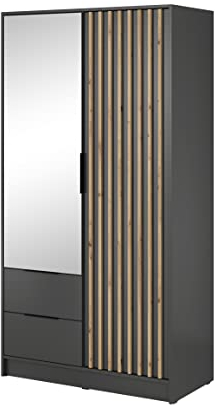 BETTSO - Nelly - Kleiderschrank mit Spiegel - 2 Drehtüren, 2 Schubladen, Fächern und Kleiderstange - Lamellen/Gerillt - für Garderobe, Flur, Schlafzimmer - Modern - Matt Schwarzgrau/Anthrazit