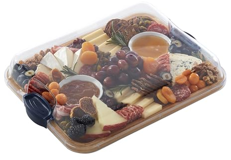Farberware Build-A-Board Bamboo Chopping Board with Integrated Compartments and Lockable Clear Lid with Navy Blue Handles Ideal for Deli Meats, Snacks and More.