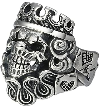 VOYADE Totenkopf Krone Ring Herren Persönlichkeit Spielkarten Clown Totenkopf Ring Nachtclub Lokomotive Rock 925 Silber Offener Ring,Silber,11