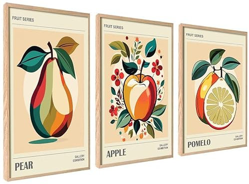 Fruit Vintage Poster Set | 3 x 50x70cm MIT RAHMEN HOLZ | Küche Restaurant Esszimmer Wall Art Pomelo Apfel Orange Botanical Wanddeko