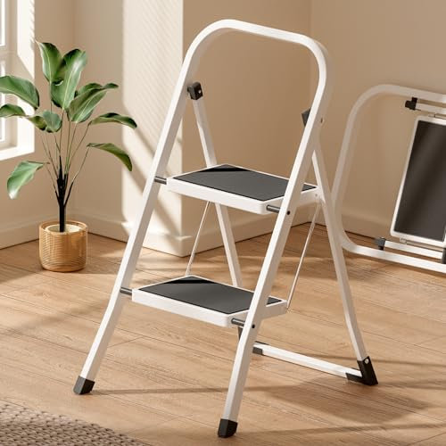 Heilmetz Escabeau 2 marches Pliable, Escabeau avec Main Courante et antidérapant 2 marches Larges,Crochet de sécurité, Capacité de 150 kg, Échelles Doubles Pliante pour Maison Bureau Commerces