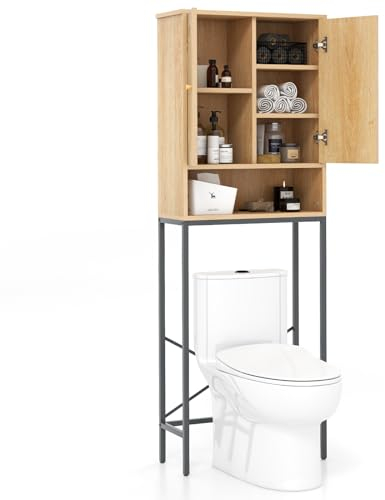 COSTWAY Meuble WC Au-Dessus des Toilettes, Placard à 2 Portes en Rotin, Design Anti-Basculement, Étagère de Rangement à 6 Niveaux pour Salle de Bain, Buanderie, Naturel