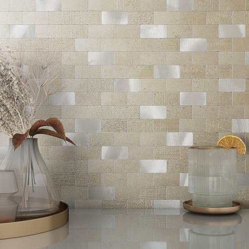 BeNice Metallic Brick Stick on Kitchen Wall Tiles,Metal Backsplash Self Adhesive Tiles Bathroom Tile Stickers(Champagne,10pcs)