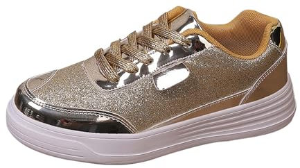 BILIKEYU Sneaker Damen Sportschuhe Glitzer Schnürer Weiche Atmungsaktiv rutschfeste Freizeitschuhe Outdoor-Wandersportschuhe Bequem Flache Gehen Schuhe gr 38 Gold