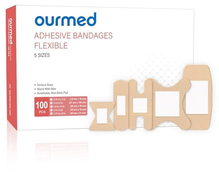 Ourmed Flexible Assorted Plasters Variety Pack 100 Pieces, Fingertip Bandages for First Aid, Slight Cuts, Scrapes, Abrasion & Wounds Care,Strong Hold for 24 Hours, Non-Latex