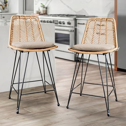 IDZO Barhocker aus Rattan, 180 kg Kapazität, 91,5 cm Höhe, Outdoor-Thekenhocker, 2er-Set, mit Komfortkissen, solidem Stahlrahmen und langlebiger Stromversorgung, einfache Montage
