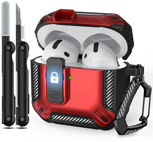 RFUNGUANGO Custodia compatibile con Airpods 4 (2024) con kit di pulizia, clip di blocco di sicurezza e custodia protettiva antiurto per Airpods 4a generazione 2024 rilasciata,Rosso
