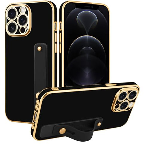 TEAUGHT for iPhone 12 Pro Case with Wrist Finger Strap for Women Girls Men, Cute Luxury Plating Soft TPU Slim Shockproof Protective Cover with Adjustable Wristband Kickstand Holder (Black)