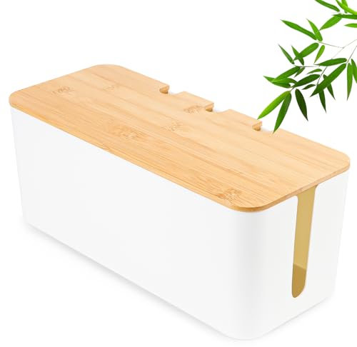 Kabelbox, Kabelmanagement Box, Kabel Organizer Box mit Holzdeckel, Große, Mittelgroß und Kleine Kabelmanagement Box Adapter, Steckerleisten, Kabel Verstecken Box Weiß (S=23.5 * 11.5 * 12cm)