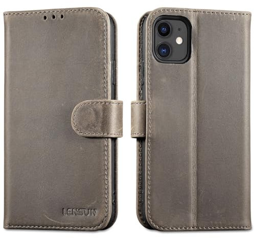 Lensun Custodia per iPhone 11, Cover in Vera Pelle [RFID Blocking] Slot Schede Portafoglio Cuoio Chiusura Magnetico Flip Antiurto per Telefono Apple iPhone 11 –Grigio Marrone