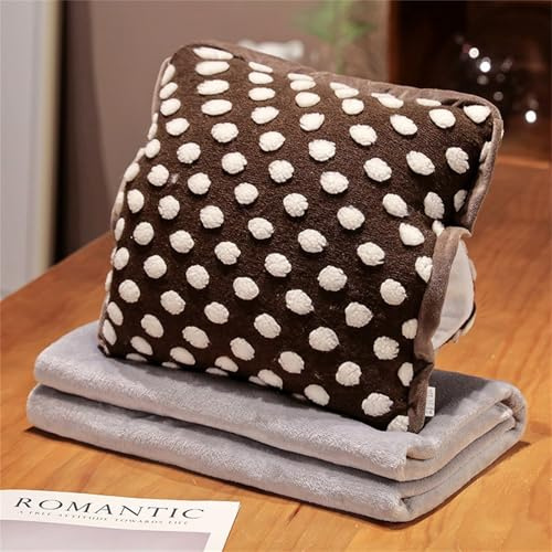 Hixingo Reisedecke und Kissen 2 in 1, Reisedecke mit Kissen Set Multifunktionale Reise Decke und Kissen 2 in 1 Weichem Flugzeug Verwandlungskissen für Urlaub, Camping (35 * 35cm,Braune Polka Dots)