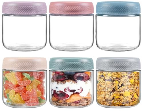 6-Pack 300ml Colorful Glass Jars with Airtight Screw Lids-Leakproof Overnight Oats Containers Wide Mouth Mason Jars spice jars for Fruit Salad Dressing Sauce Cereal Snacks Yogurt Spice Sugar(6 Colors)