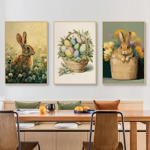 Uixxducc 3er Poster Oster Set, Osterhase, Ostereier Bilder Leinwand Bild Wandkunst, Hase Kinderzimmer Rustikale Stil Wandbilder für Wohnzimmer,ohne Rahmen (30x40cm,A)