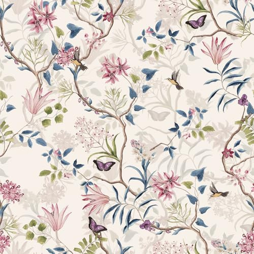 VaryPaper Blumentapete Rosa Fototapete Kolibri Schmetterling Vintage 44.5cmx200cm Klebefolie Blumen Selbstklebend Möbelfolie Muster Wandtapete Wohnzimmer Schlafzimmer Klebefolie Schrank Bücherregal